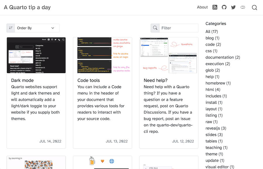 A blog listing page with three post cards above a right-hand category sidebar